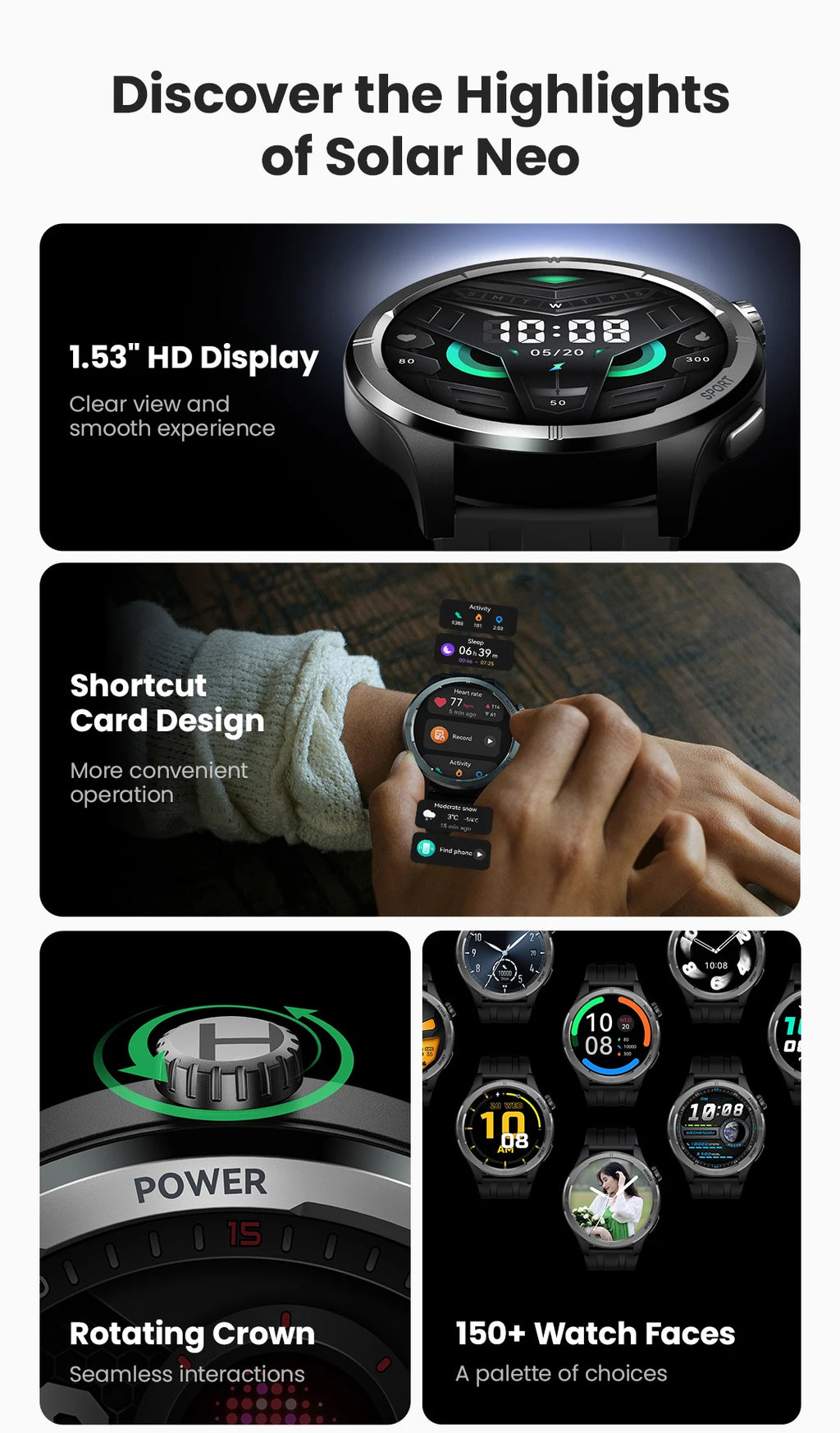 Solar Neo Smart Watch 1.53'' HD Display Bluetooth Call 24H women and men