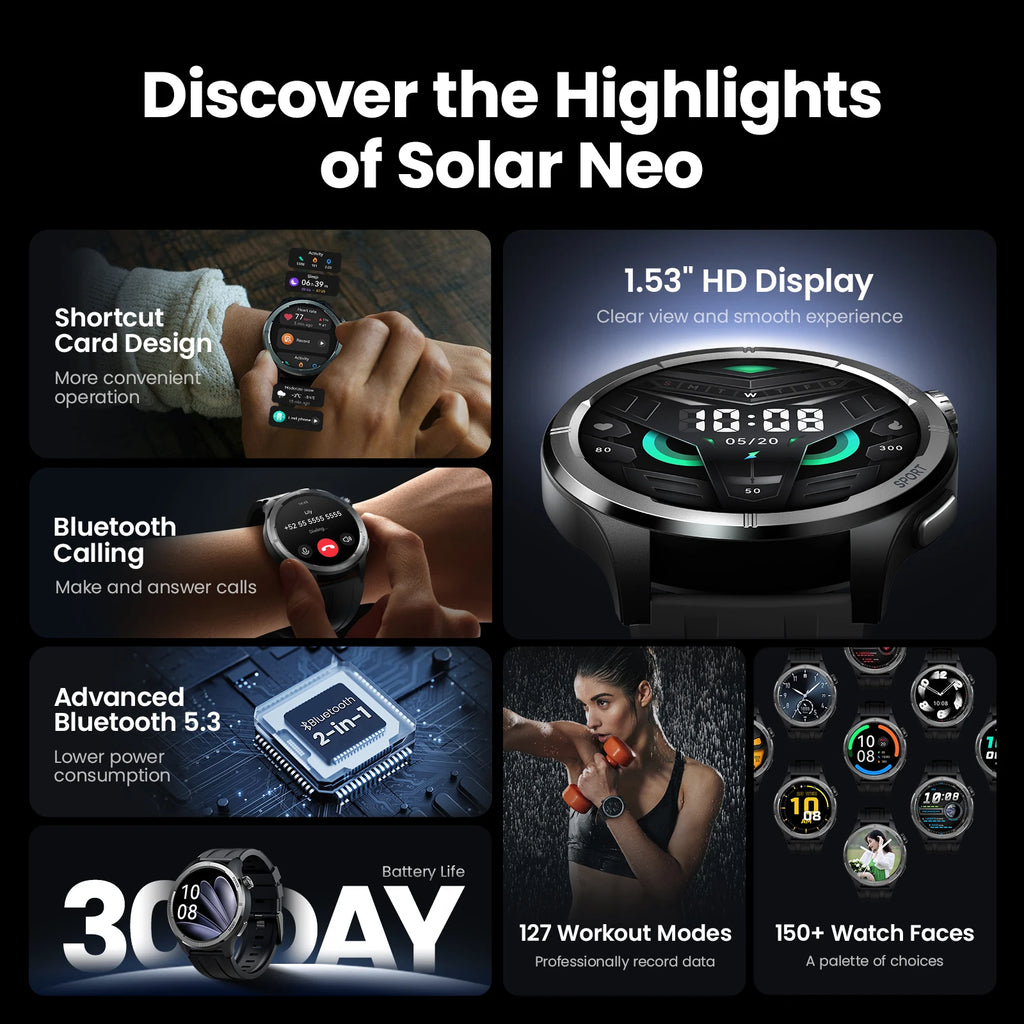 Solar Neo Smart Watch 1.53'' HD Display Bluetooth Call 24H women and men