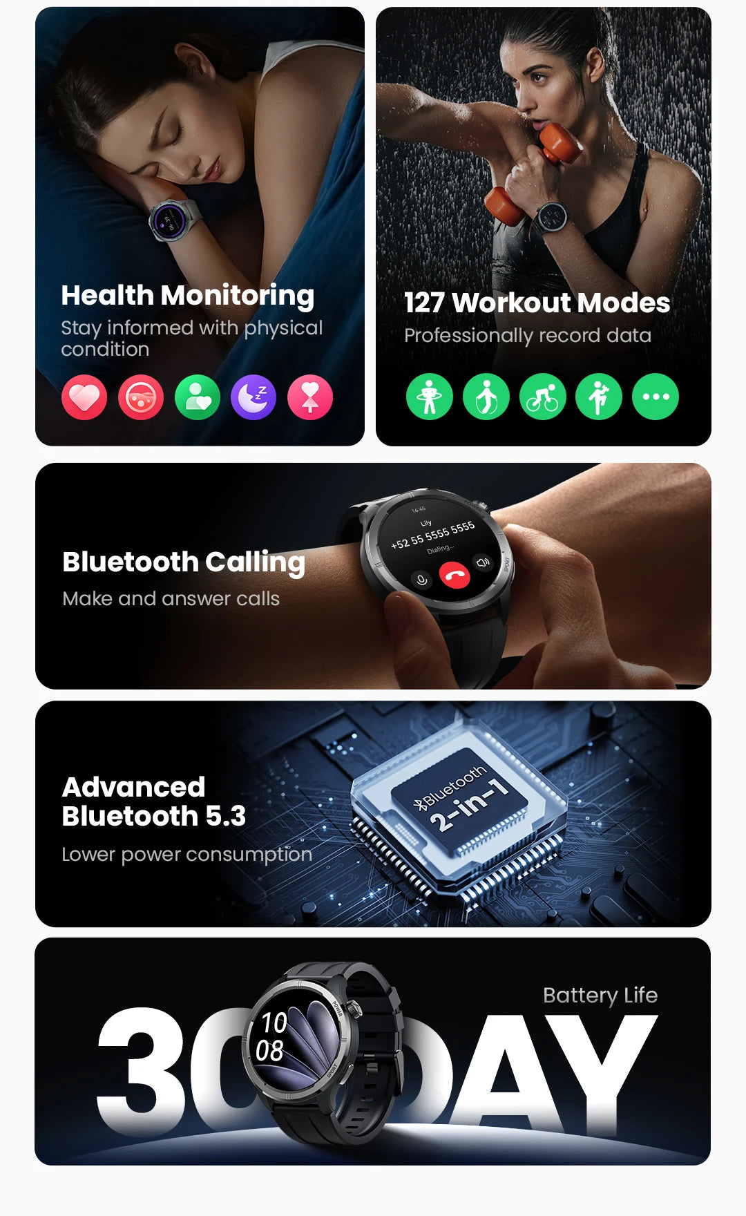 Solar Neo Smart Watch 1.53'' HD Display Bluetooth Call 24H women and men